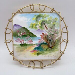 Vintage Ucagco Hand Painted Landscape Trivet Gold Wire Frame Japan Wall Decor